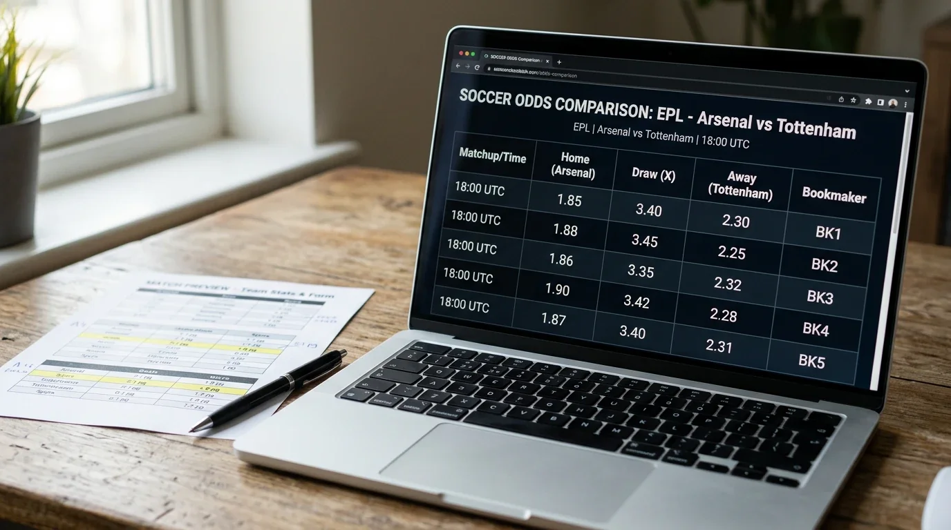 Pantalla mostrando cuotas decimales de un partido de fútbol con columnas de diferentes operadores