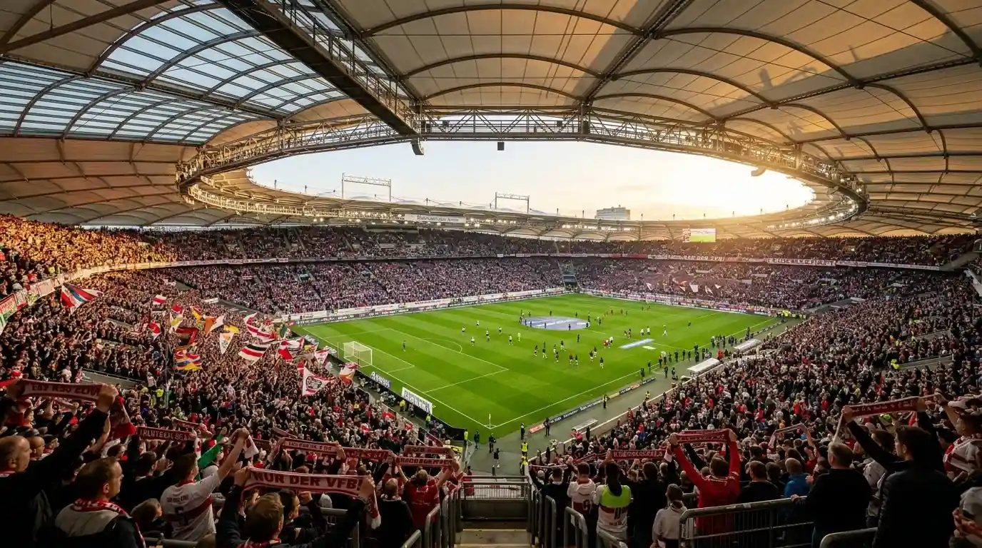 Vista panorámica de un estadio de fútbol alemán con gradas repletas en ambiente de tarde